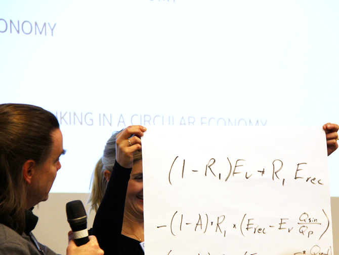 Visual interpretation: Tomas Ekvall looking at large paper with calculations. Sara Palander holding the paper on stage.