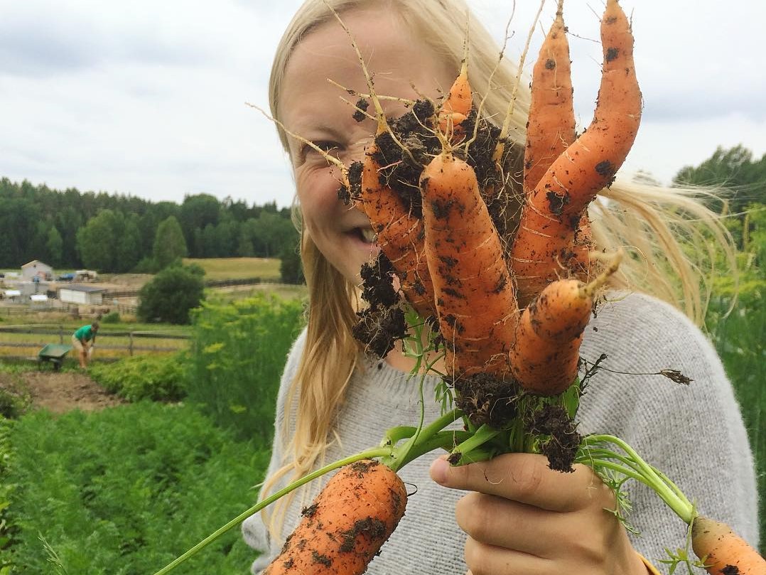 Elvira Molin, holding fresh carrots with soil.